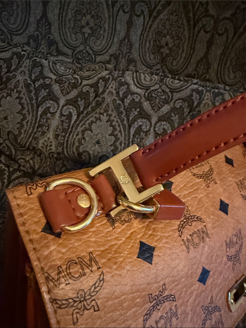 MCM Cognac Logo Visetos Top Handle Satchel with Gold Hardware - Picture 10 of 11